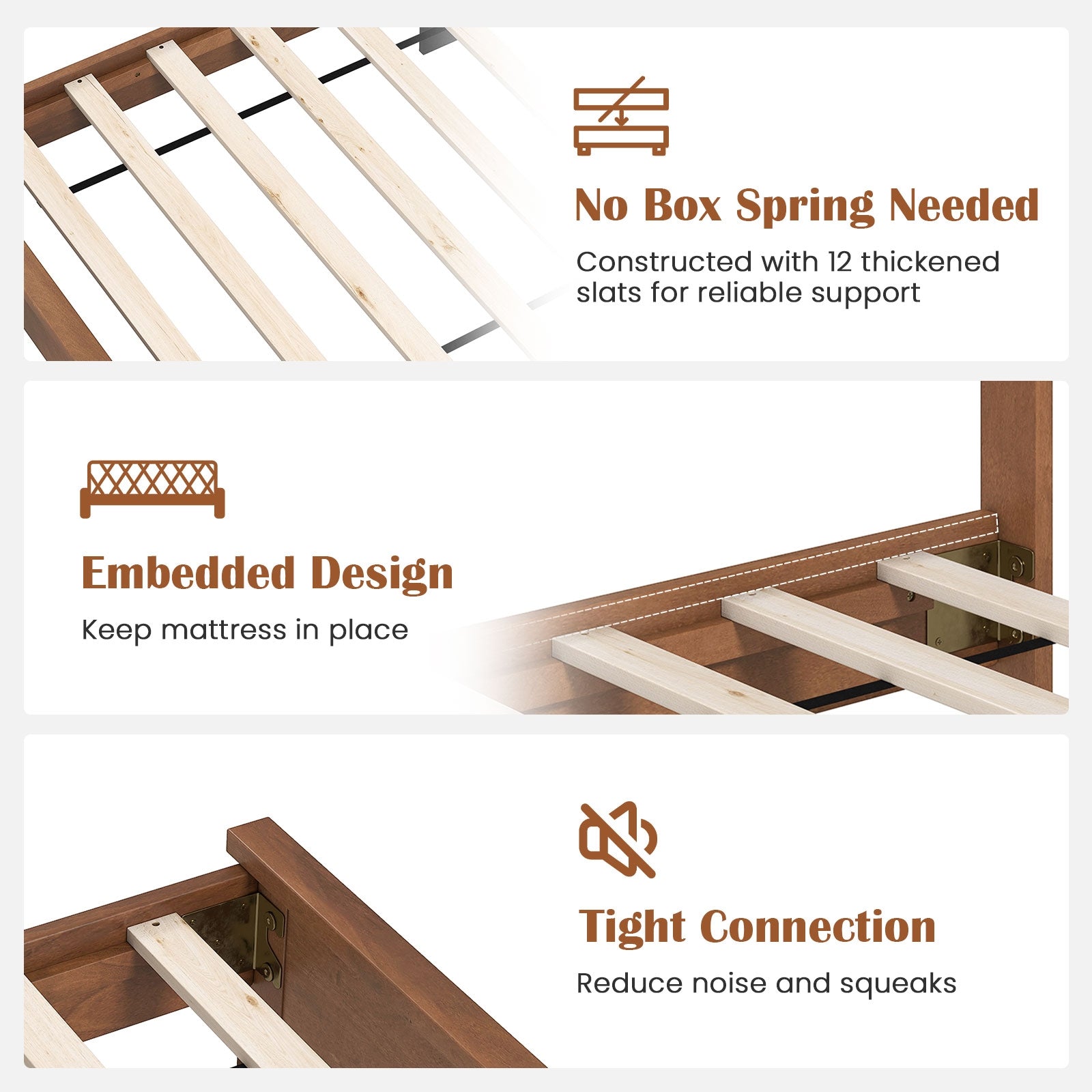 Twin Size Wooden Bed Frame with Headboard and Slat Support, Walnut Simple Bed Frame at Gallery Canada