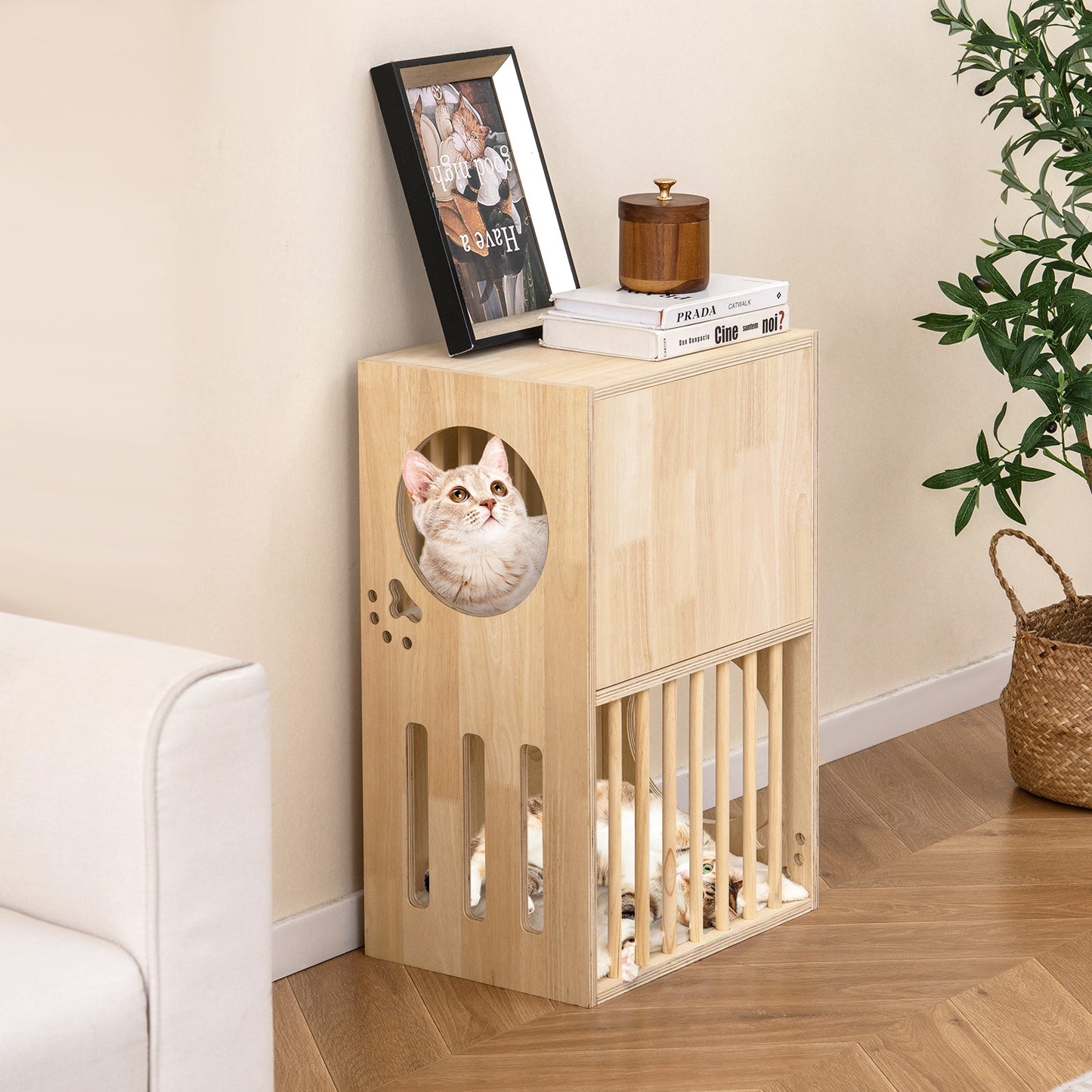 2-tier Wooden Cat Condo Indoor Symmetrical Cat House with Removable Cushions, Natural Cat Houses at Gallery Canada
