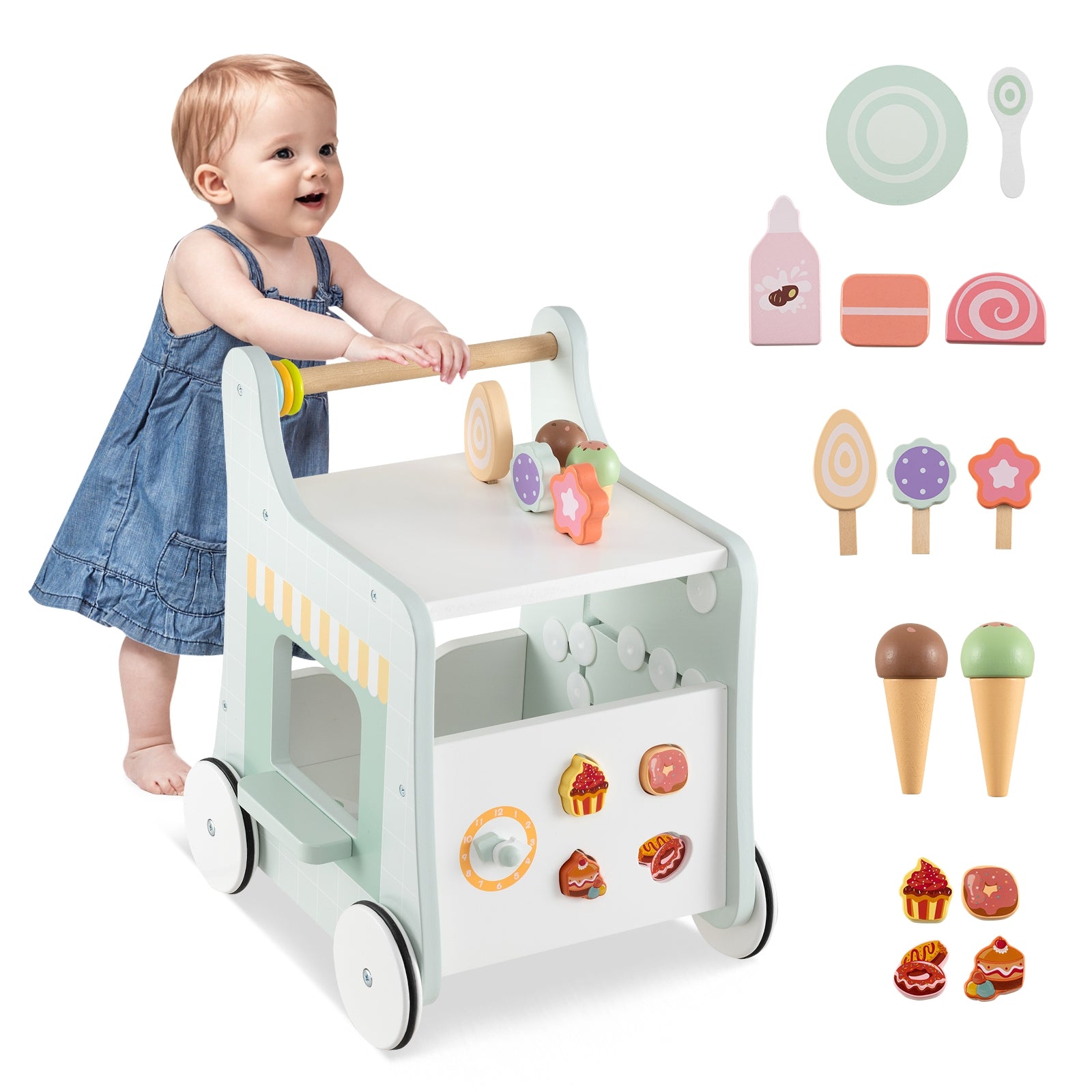 2-in-1 Baby Walker with Storage and Ice Creams for 1+ Years Old, Light Green Baby Activity Light Green at Gallery Canada