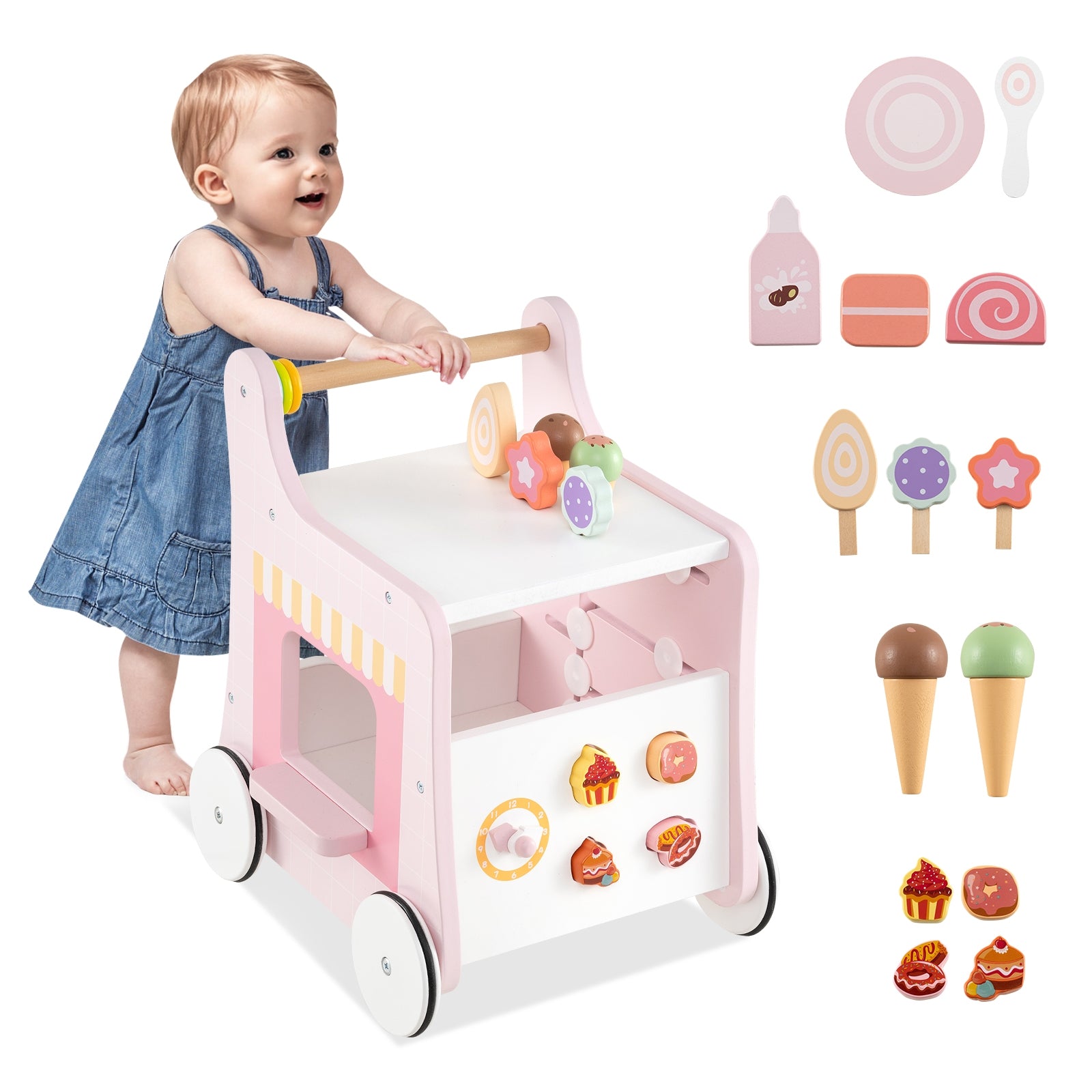 2-in-1 Baby Walker with Storage and Ice Creams for 1+ Years Old, Pink Baby Activity Pink at Gallery Canada