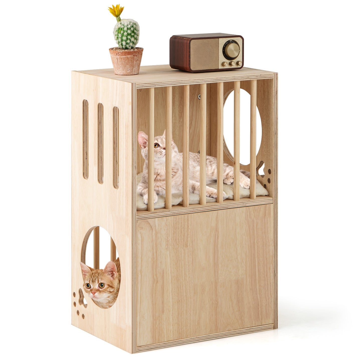 2-Tier Wooden Cat Condo, Indoor Cat House, Removable Cushions, Natural Cat Houses at Gallery Canada
