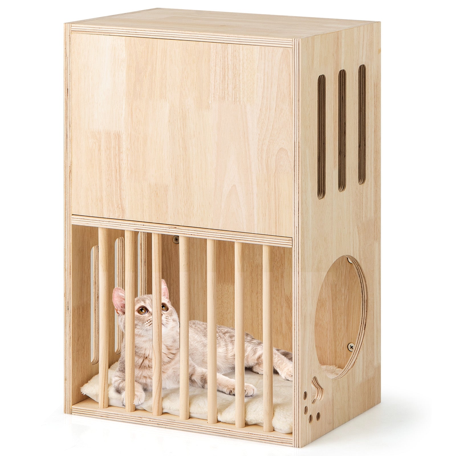 2-tier Wooden Cat Condo Indoor Symmetrical Cat House with Removable Cushions, Natural Cat Houses at Gallery Canada