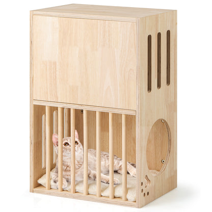 2-tier Wooden Cat Condo Indoor Symmetrical Cat House with Removable Cushions, Natural Cat Houses at Gallery Canada