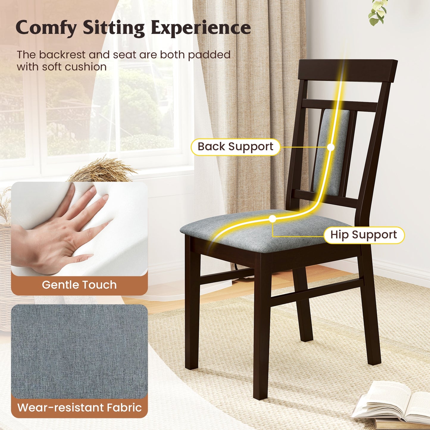 Wooden Dining Chair Set of 2 Linen Fabric Upholstered Kitchen Chairs with Rubber Wood Frame Dining Chairs at Gallery Canada