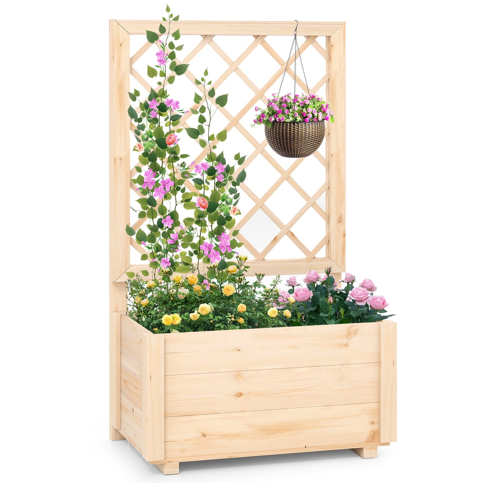 Raised Garden Bed Wooden Elevated Planter Box with Lattice Trellis-S, Natural Raised Garden Beds Natural at Gallery Canada