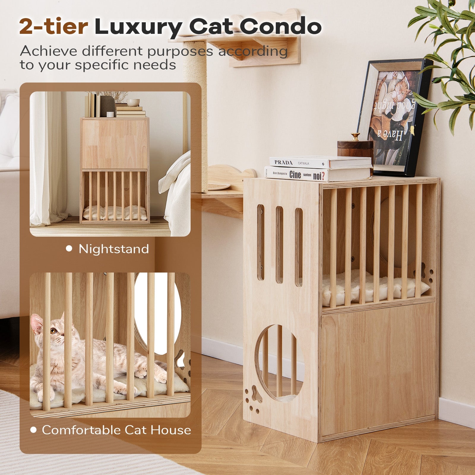 2-tier Wooden Cat Condo Indoor Symmetrical Cat House with Removable Cushions, Natural Cat Houses at Gallery Canada