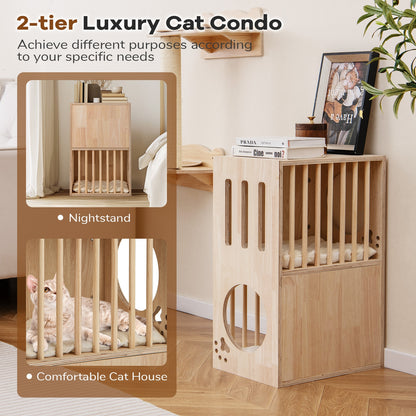 2-tier Wooden Cat Condo Indoor Symmetrical Cat House with Removable Cushions, Natural Cat Houses at Gallery Canada