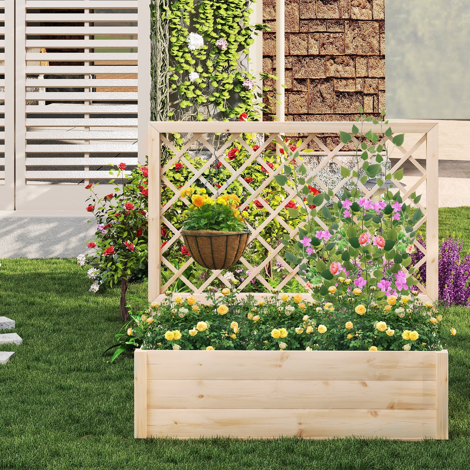 Raised Garden Bed Wooden Elevated Planter Box with Lattice Trellis-L Raised Garden Beds at Gallery Canada