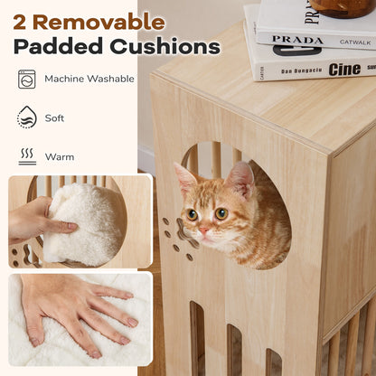 2-tier Wooden Cat Condo Indoor Symmetrical Cat House with Removable Cushions, Natural Cat Houses at Gallery Canada