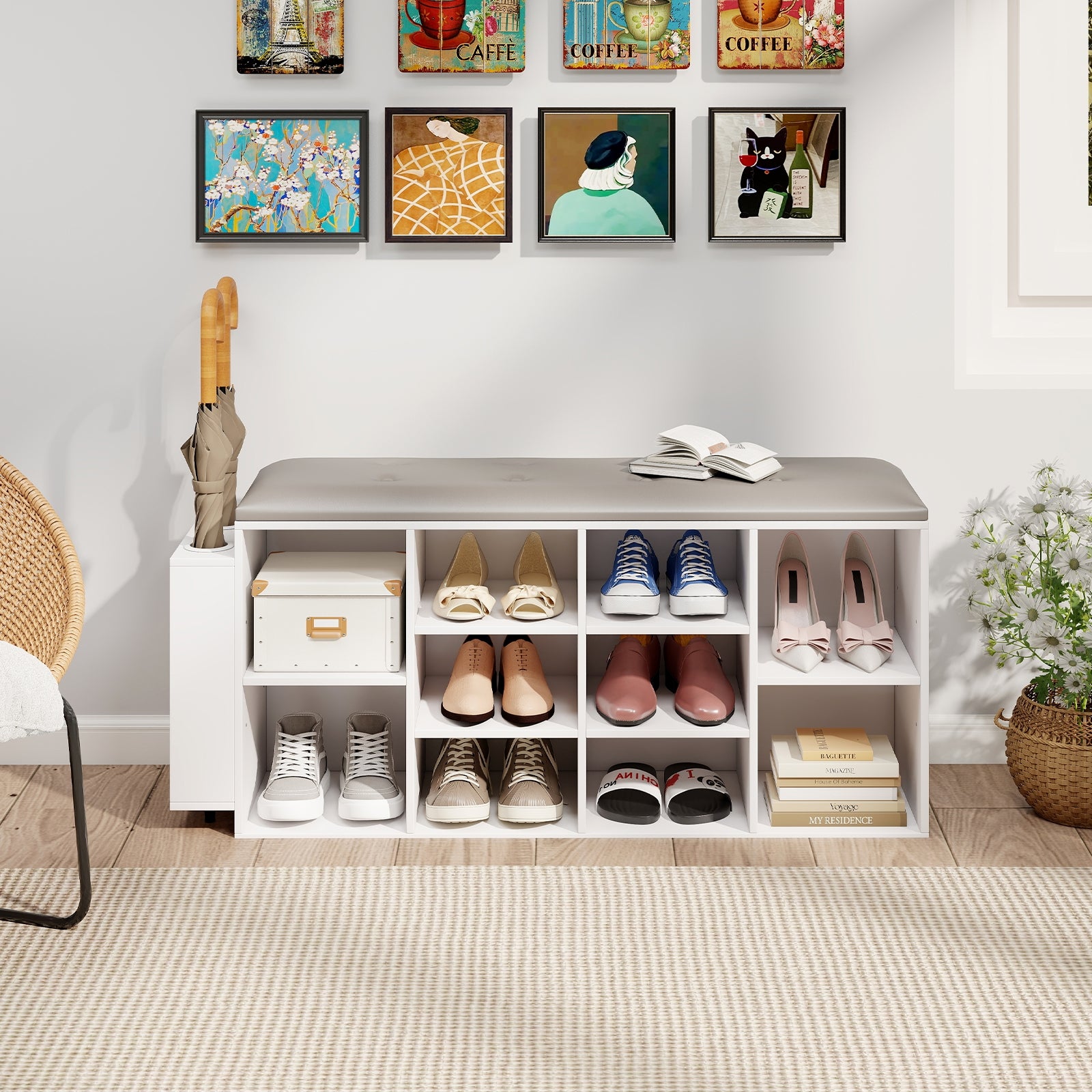 Shoe Storage Bench with Umbrella Stand and Adjustable Shelf, White Shoe Racks & Storage Benches at Gallery Canada