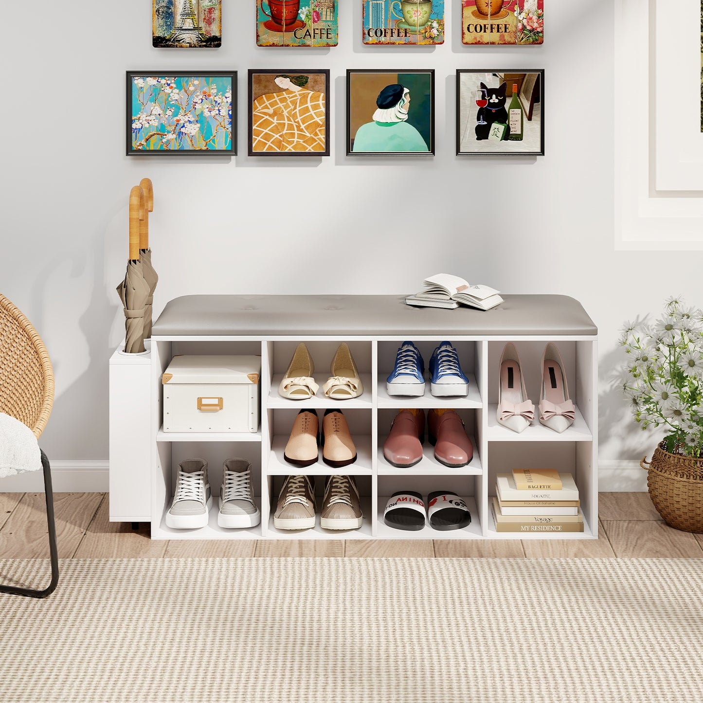 Shoe Storage Bench with Umbrella Stand and Adjustable Shelf, White Shoe Racks & Storage Benches at Gallery Canada