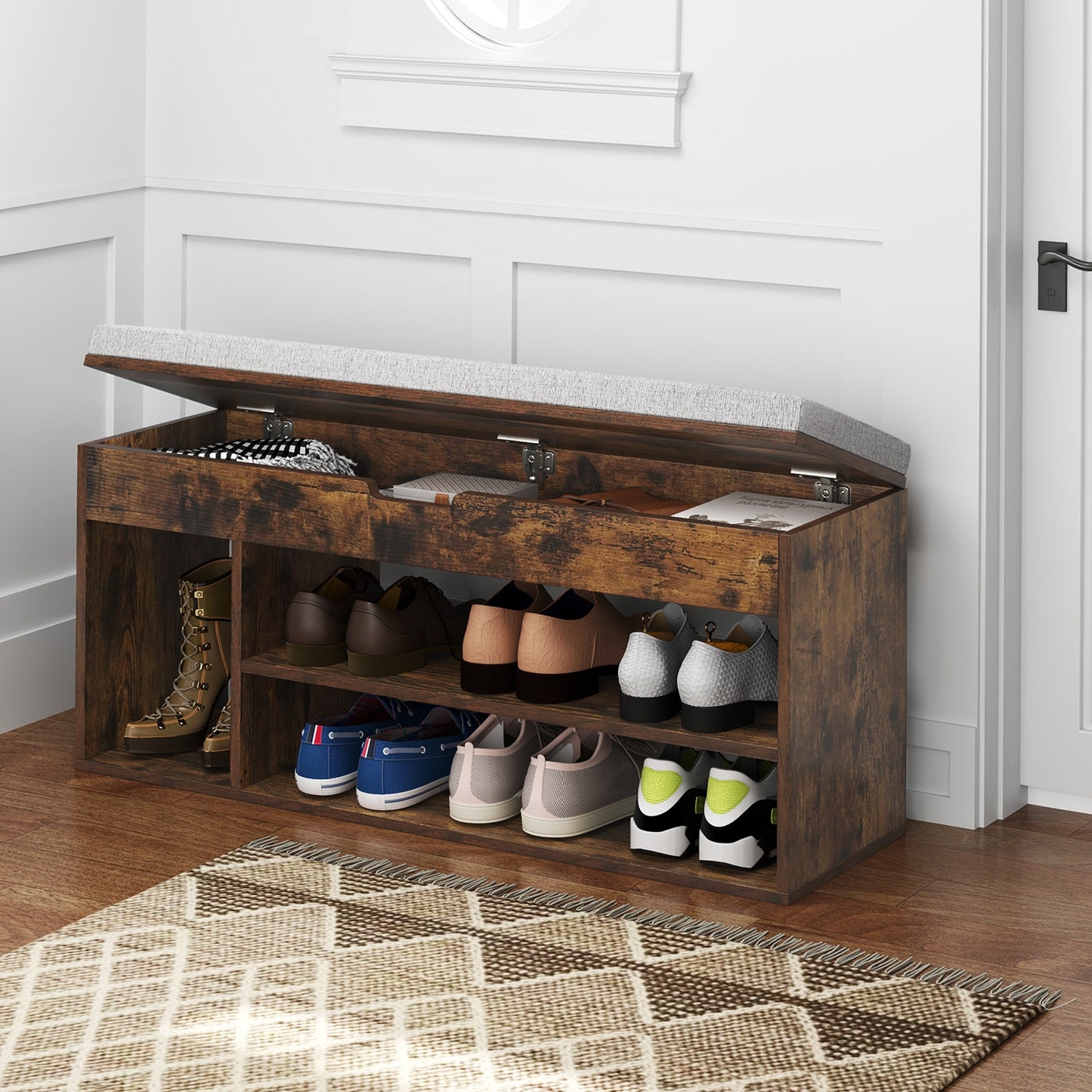Padded Shoe Bench With Hidden Storage, 3 Open Shelves, Coffee