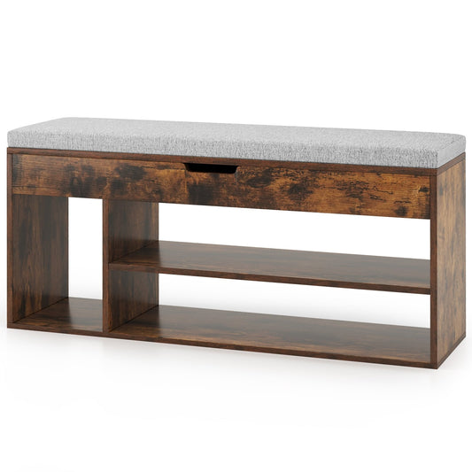Padded Shoe Bench With Hidden Storage, 3 Open Shelves, Coffee