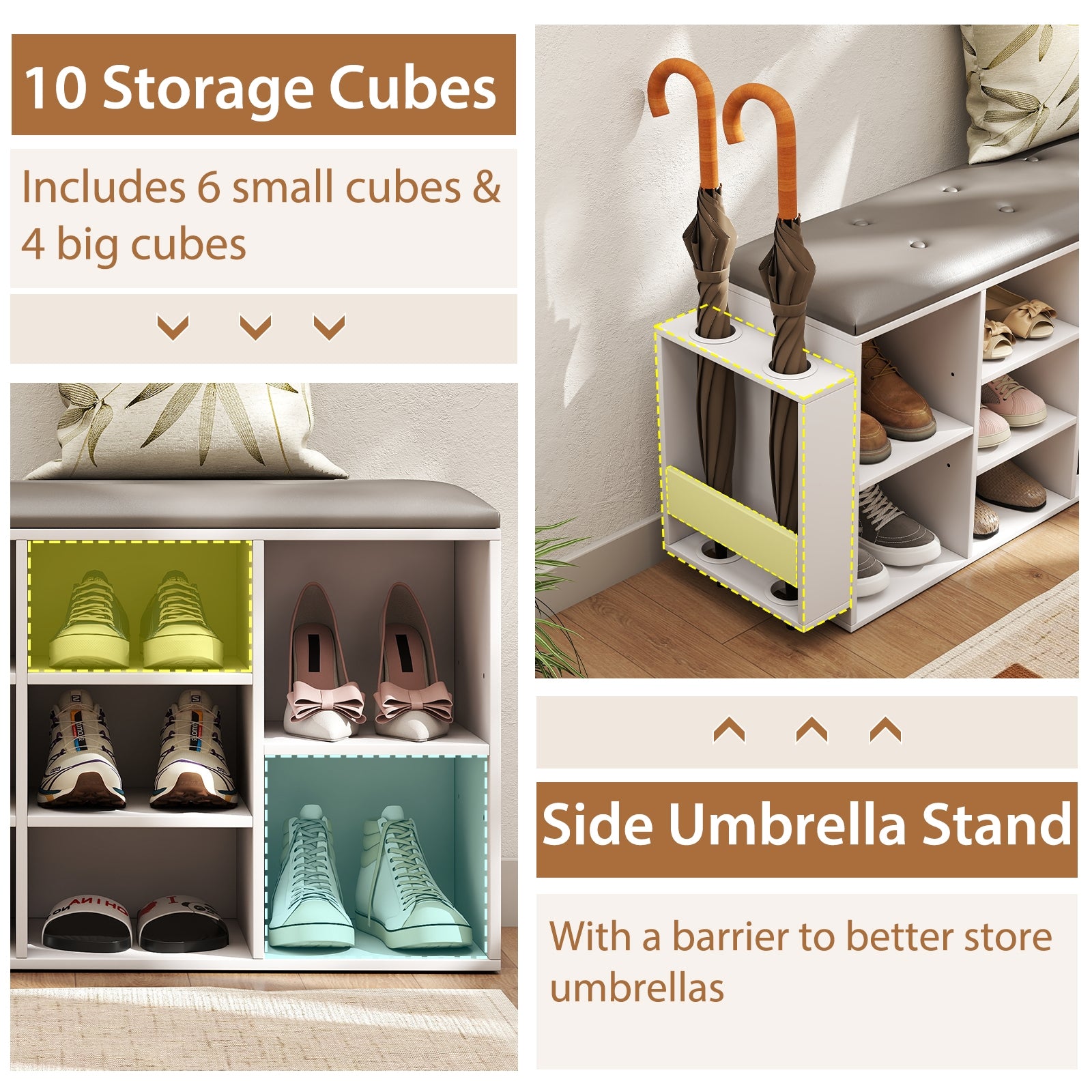 Shoe Storage Bench with Umbrella Stand and Adjustable Shelf, White Shoe Racks & Storage Benches at Gallery Canada