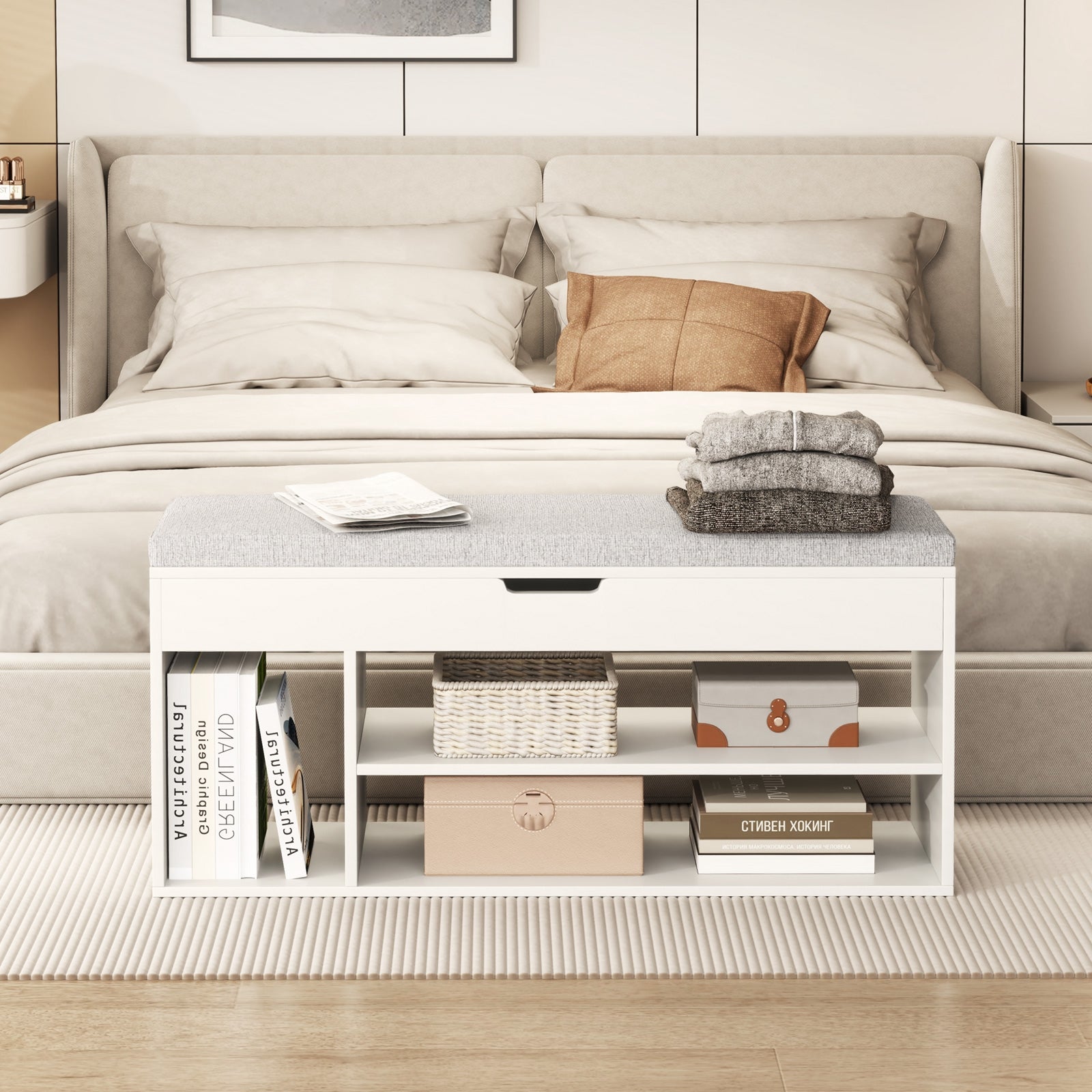 Padded Seat Shoe Bench with Hidden Storage and 3 Open Shelves, White Shoe Racks & Storage Benches at Gallery Canada