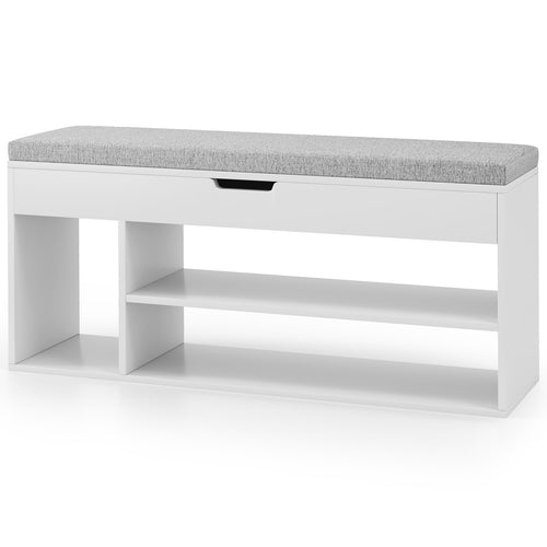 Padded Seat Shoe Bench with Hidden Storage and 3 Open Shelves, White