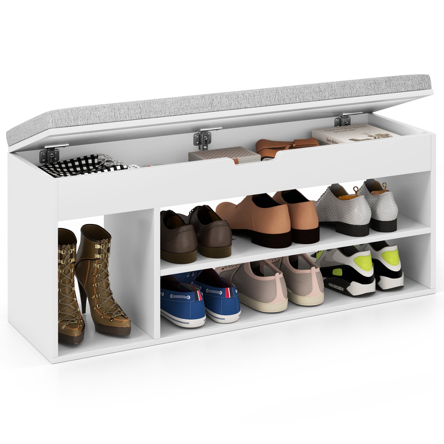 Padded Seat Shoe Bench with Hidden Storage and 3 Open Shelves, White Shoe Racks & Storage Benches at Gallery Canada