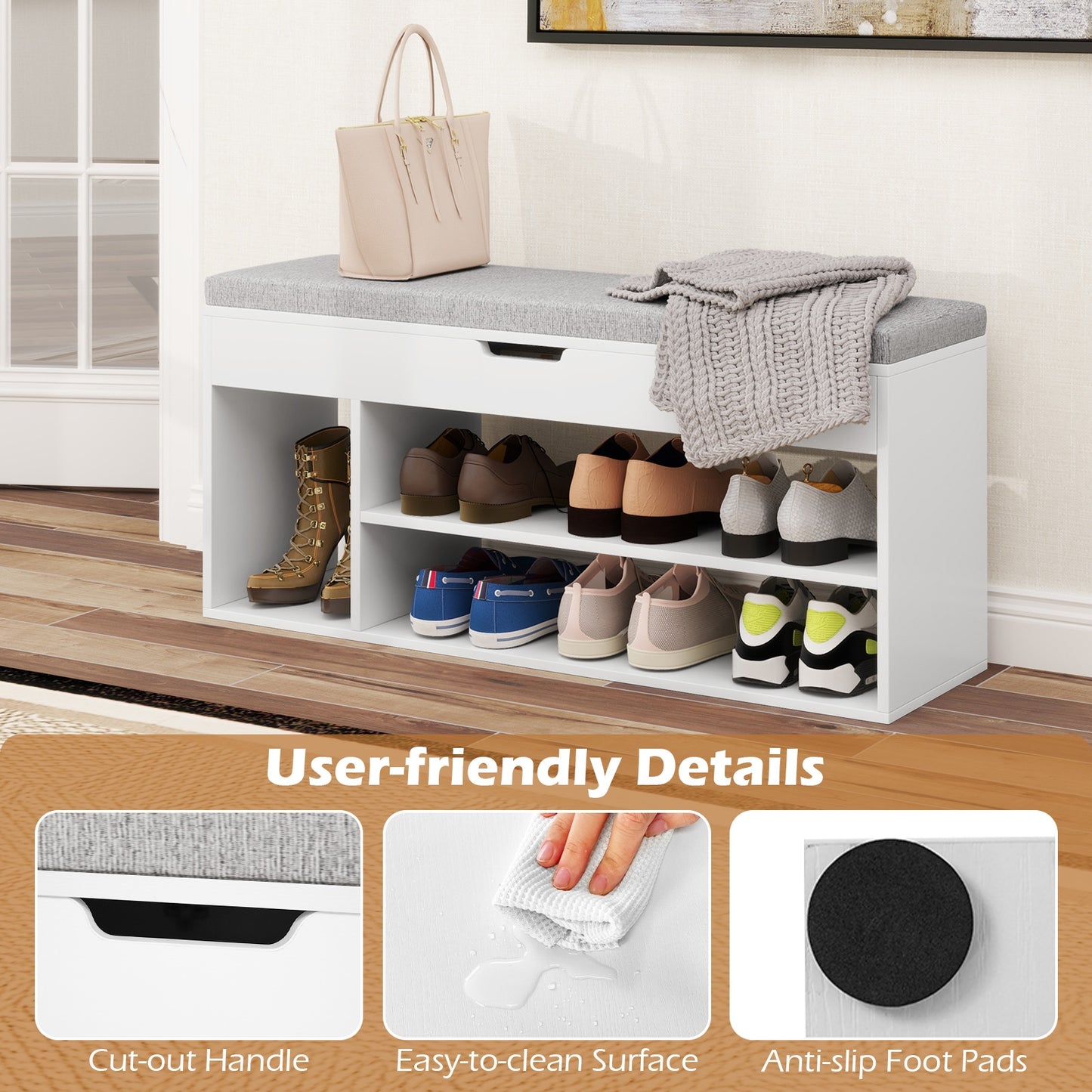 Padded Seat Shoe Bench with Hidden Storage and 3 Open Shelves, White Shoe Racks & Storage Benches at Gallery Canada