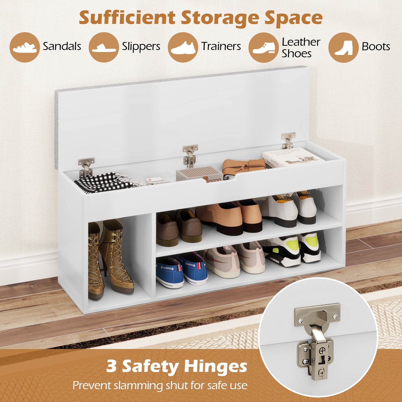 Padded Seat Shoe Bench with Hidden Storage and 3 Open Shelves, White Shoe Racks & Storage Benches at Gallery Canada