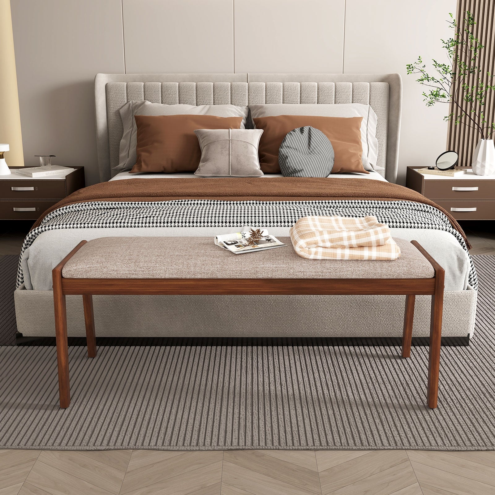 45 Inch Farmhouse Backless Bench with Rubber Wood Legs and Fabric Padded Seat, Beige Shoe Racks & Storage Benches at Gallery Canada