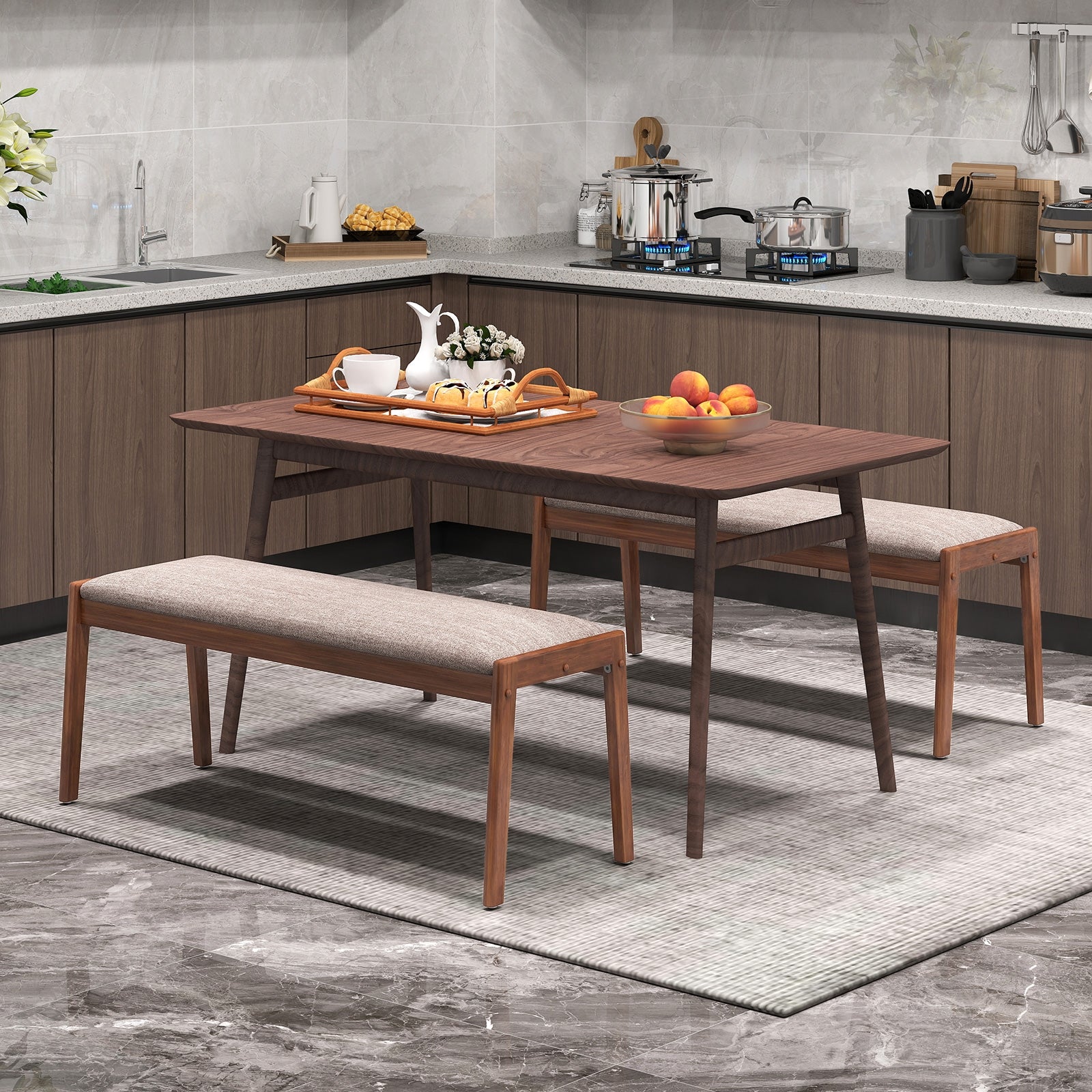 45 Inch Farmhouse Backless Bench with Rubber Wood Legs and Fabric Padded Seat, Beige Shoe Racks & Storage Benches at Gallery Canada