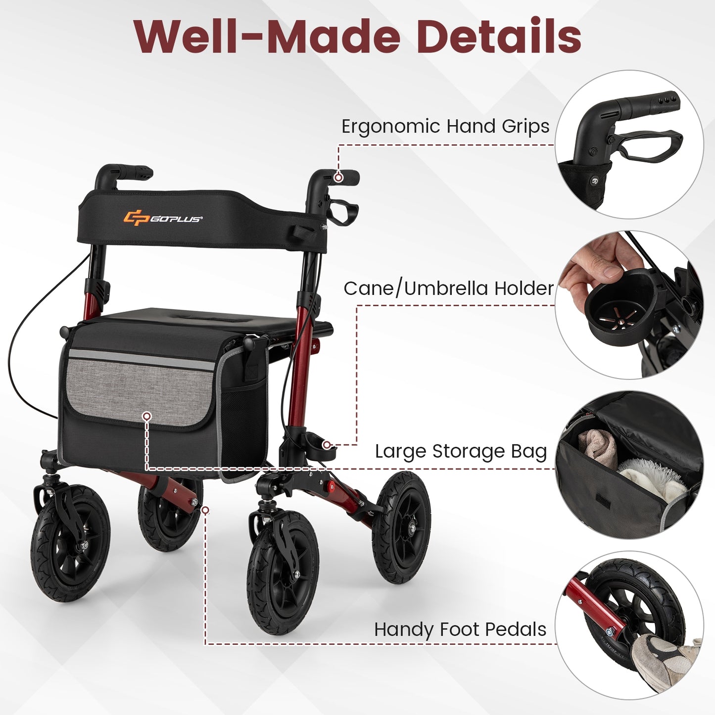 Folding Rollator Walker for Seniors with Seat for All Terrain, Red Walkers & Rollators at Gallery Canada