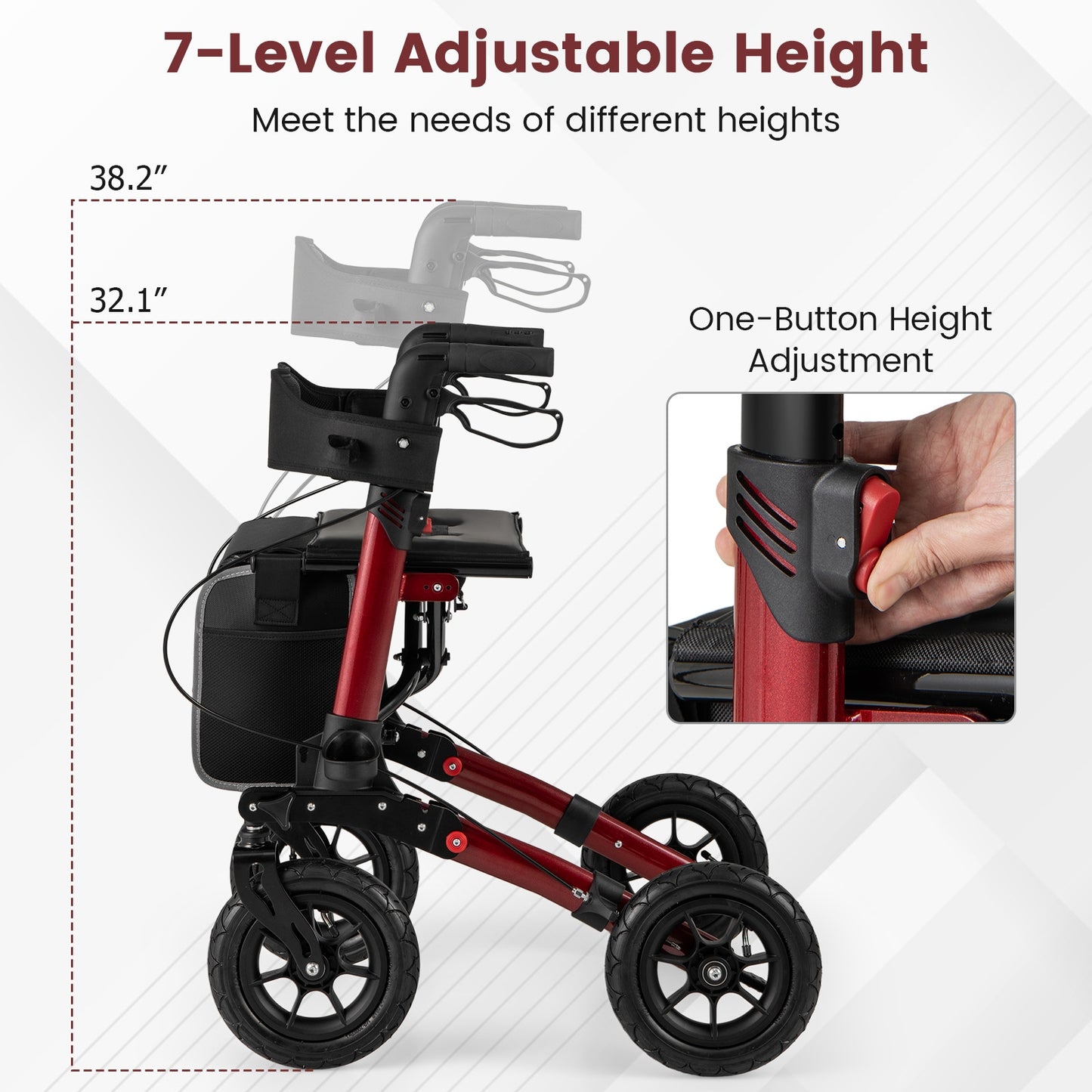 Folding Rollator Walker for Seniors with Seat for All Terrain, Red Walkers & Rollators at Gallery Canada