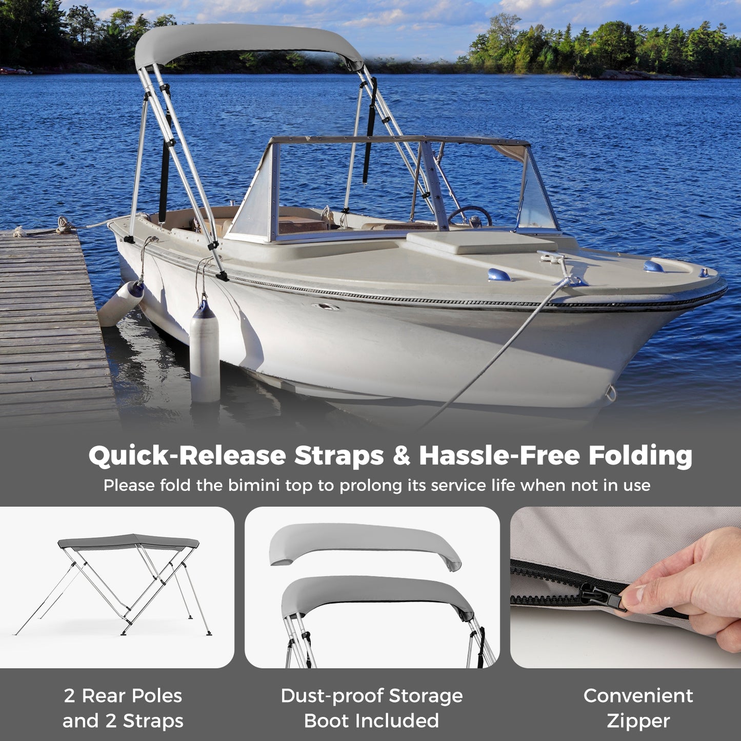3-Bow/4-Bow Boat Bimini Top Sun Shade Boat Canopy with Storage Boot-3-Bow, Gray Water Sports at Gallery Canada