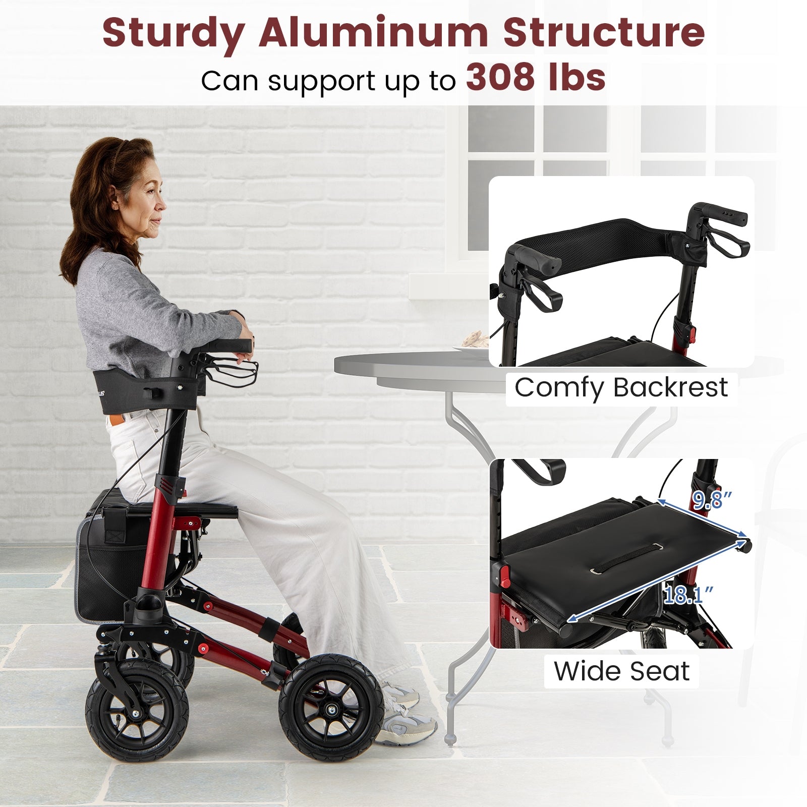 Folding Rollator Walker for Seniors with Seat for All Terrain, Red Walkers & Rollators at Gallery Canada