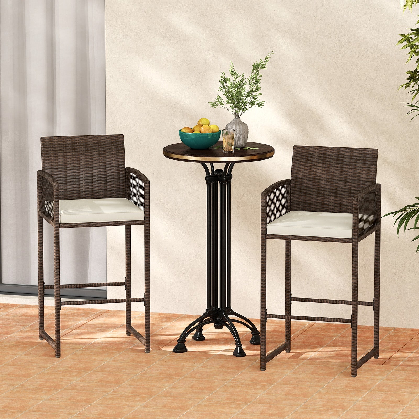 Outdoor PE Wicker Bar Stools Set of 2 Patio Bar Height Chairs with Cushions, White Patio Bar Furniture at Gallery Canada