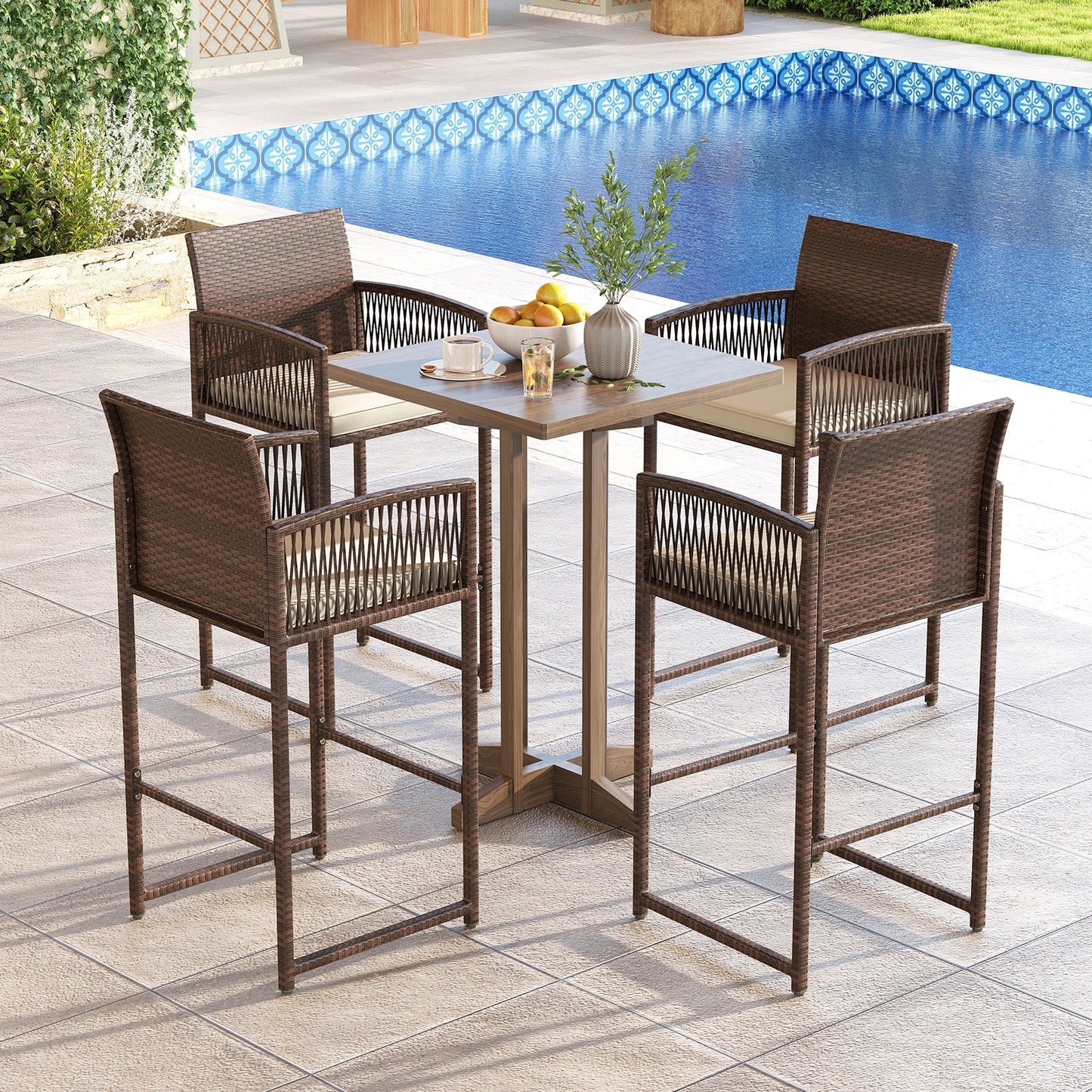 Outdoor PE Wicker Bar Stools Set of 2 Patio Bar Height Chairs with Cushions, White Patio Bar Furniture at Gallery Canada