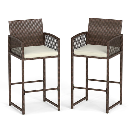 Outdoor PE Wicker Bar Stools Set of 2 Patio Bar Height Chairs with Cushions, White Patio Bar Furniture at Gallery Canada