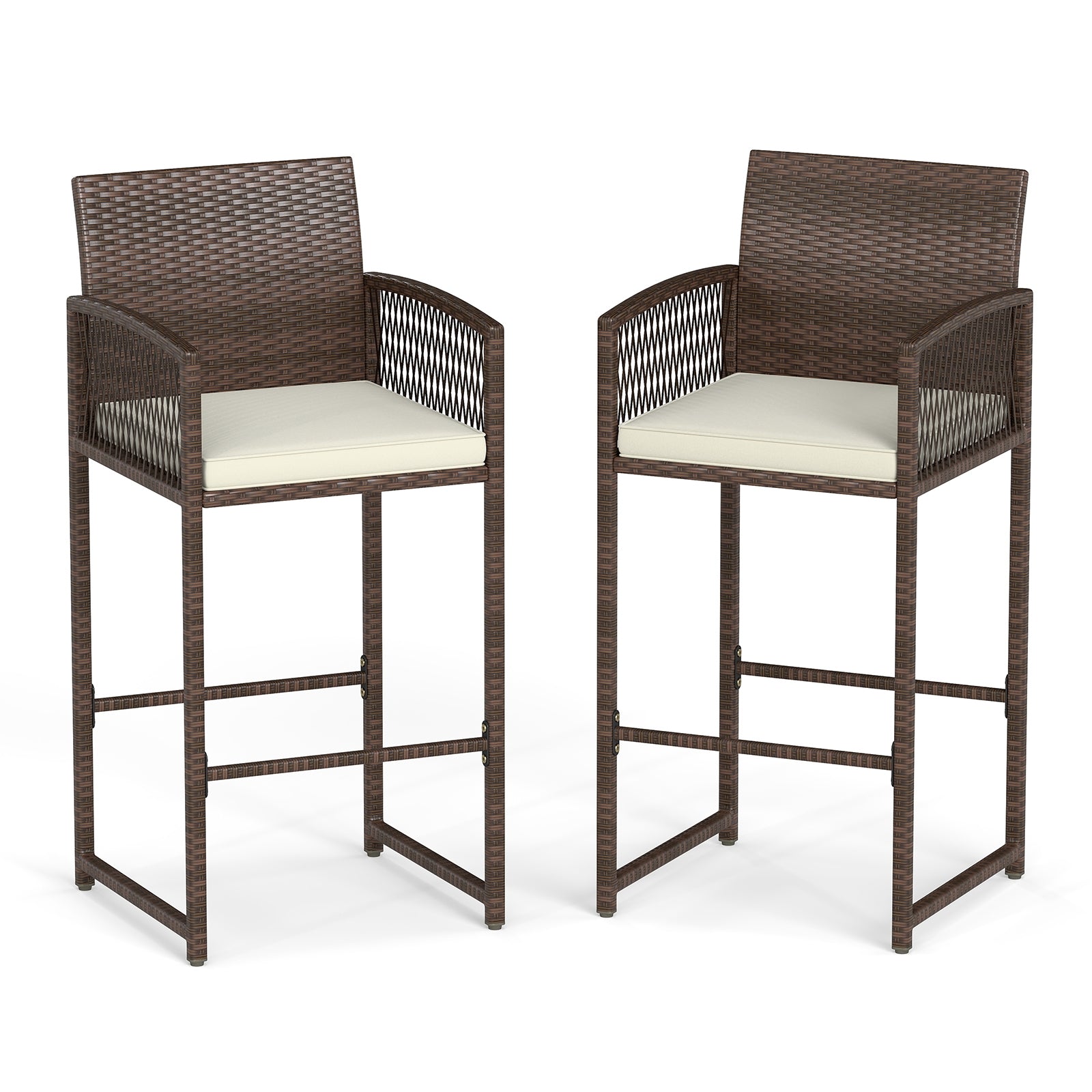 Outdoor PE Wicker Bar Stools Set of 2 Patio Bar Height Chairs with Cushions, White Patio Bar Furniture White at Gallery Canada