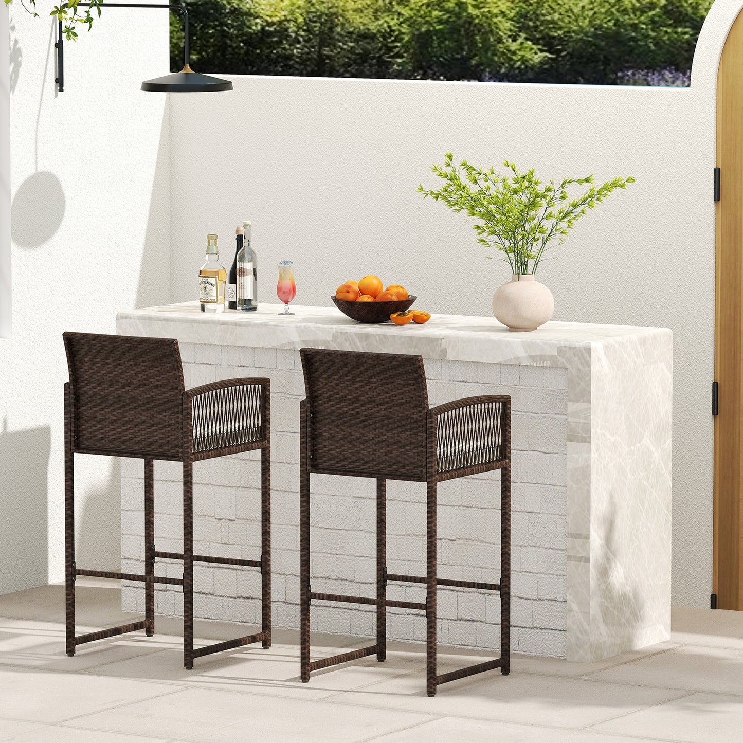 Outdoor PE Wicker Bar Stools Set of 2 Patio Bar Height Chairs with Cushions, White Patio Bar Furniture at Gallery Canada
