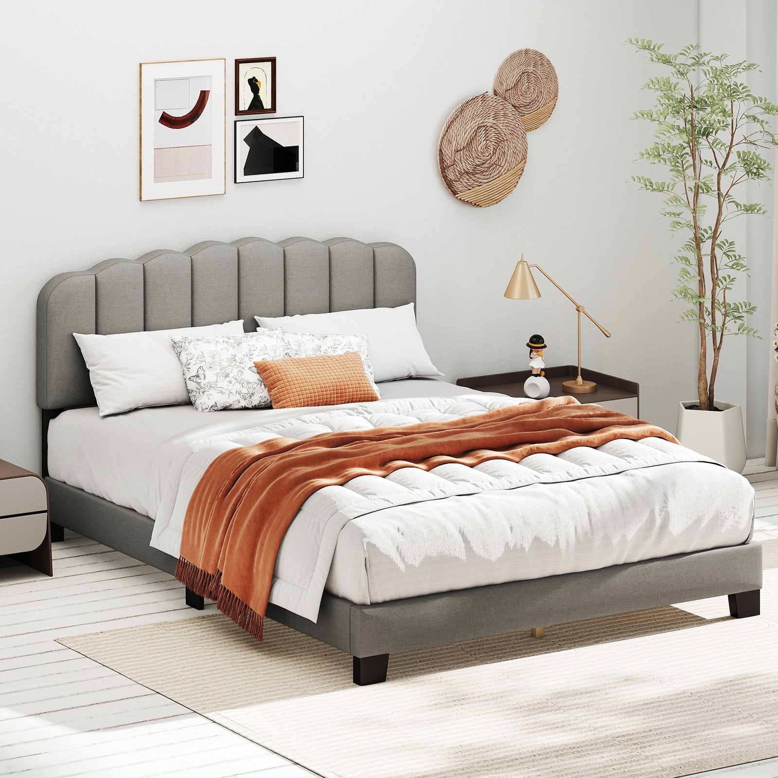 Queen Size Bed Frame with Adjustable Scalloped Tufted Headboard-Queen Size, Gray Simple Bed Frame at Gallery Canada
