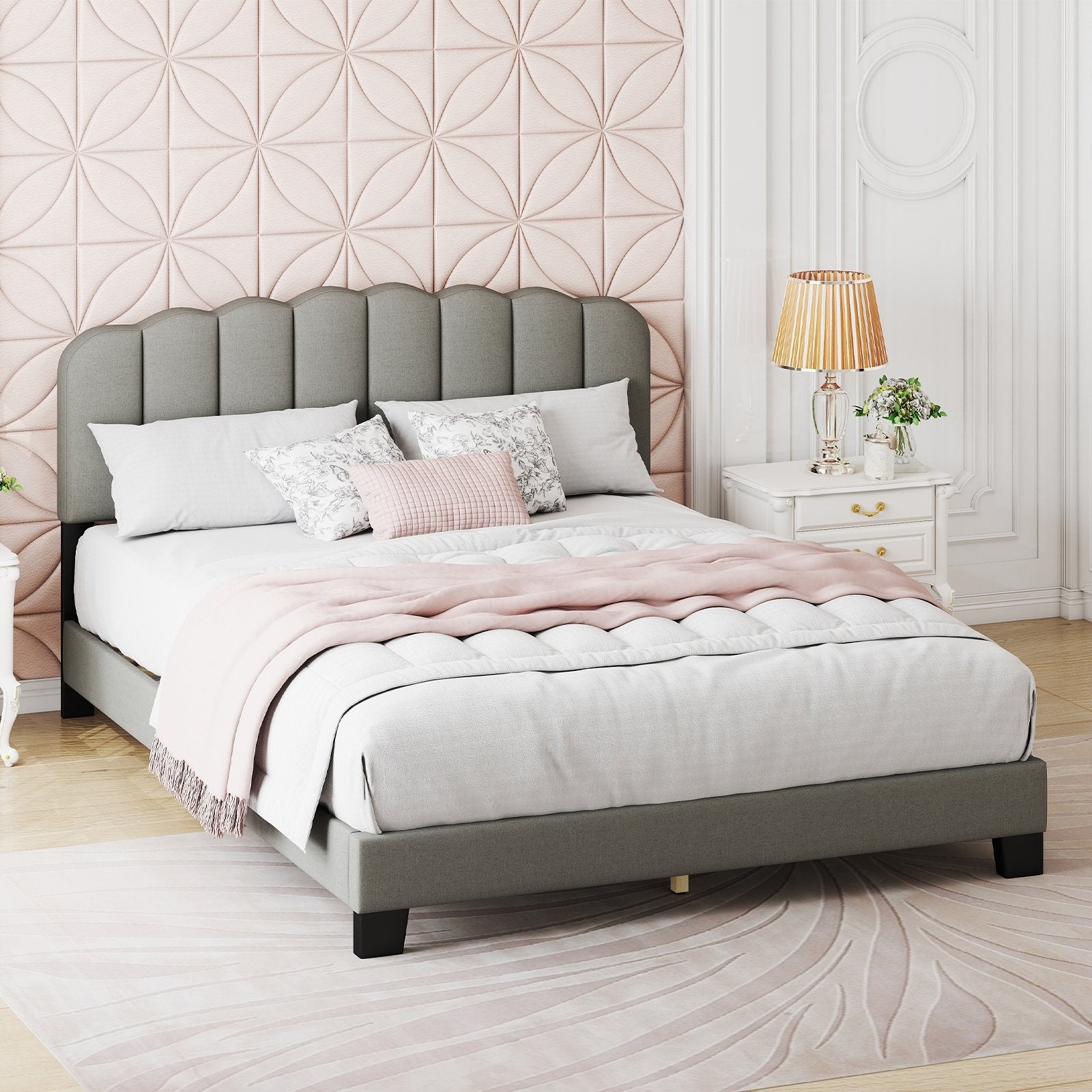 Queen Size Bed Frame with Adjustable Scalloped Tufted Headboard-Queen Size, Gray Simple Bed Frame at Gallery Canada
