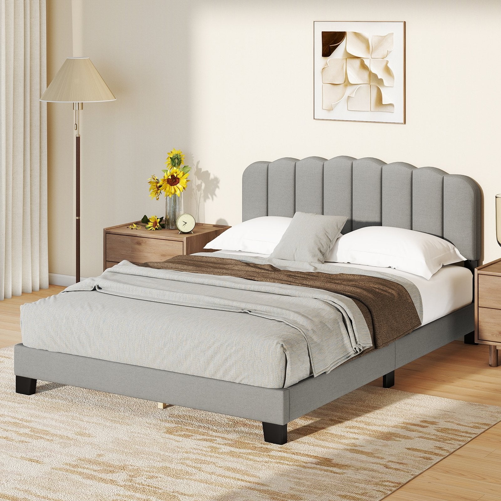 Queen Size Bed Frame with Adjustable Scalloped Tufted Headboard-Queen Size, Gray Simple Bed Frame at Gallery Canada