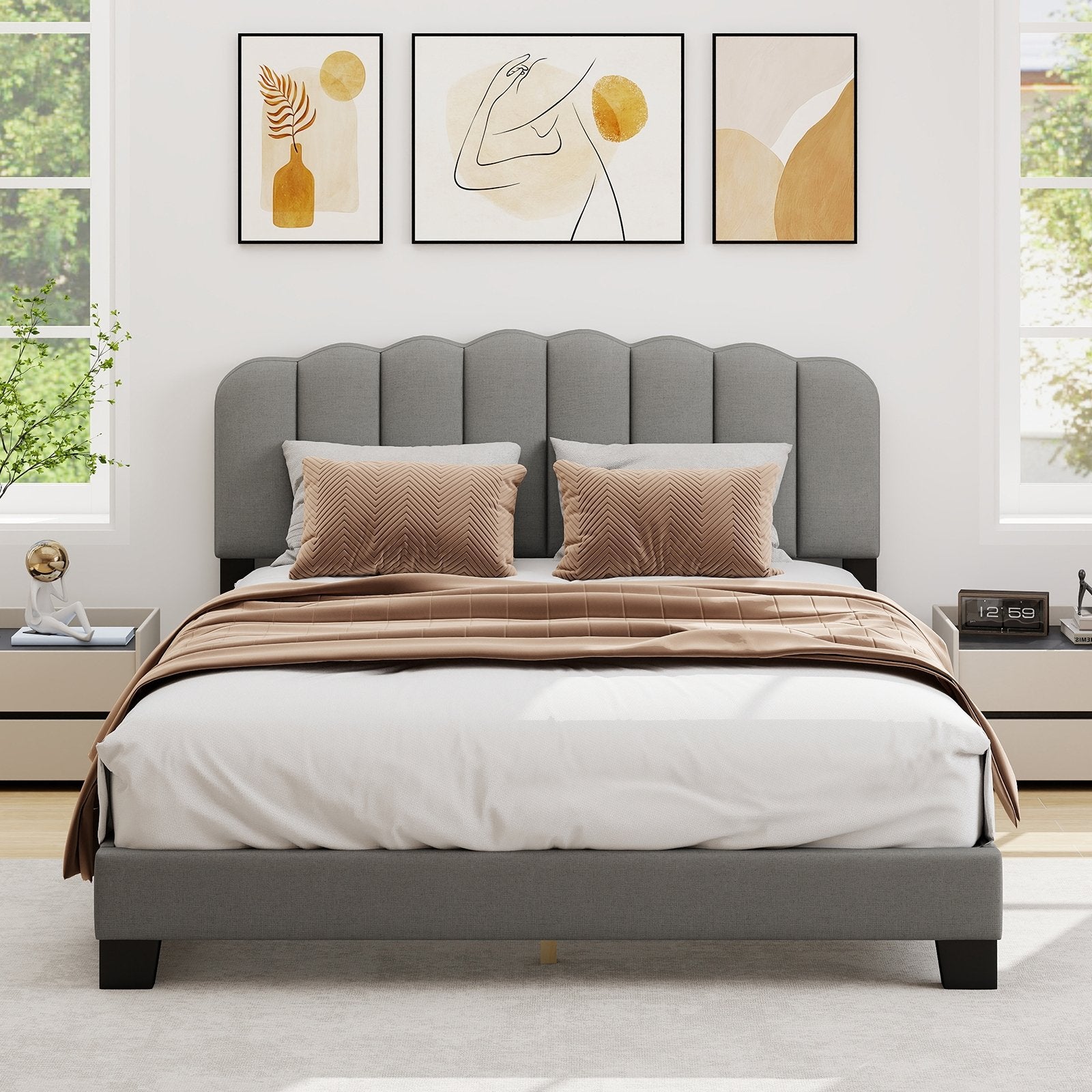 Queen Size Bed Frame with Adjustable Scalloped Tufted Headboard-Queen Size, Gray Simple Bed Frame at Gallery Canada
