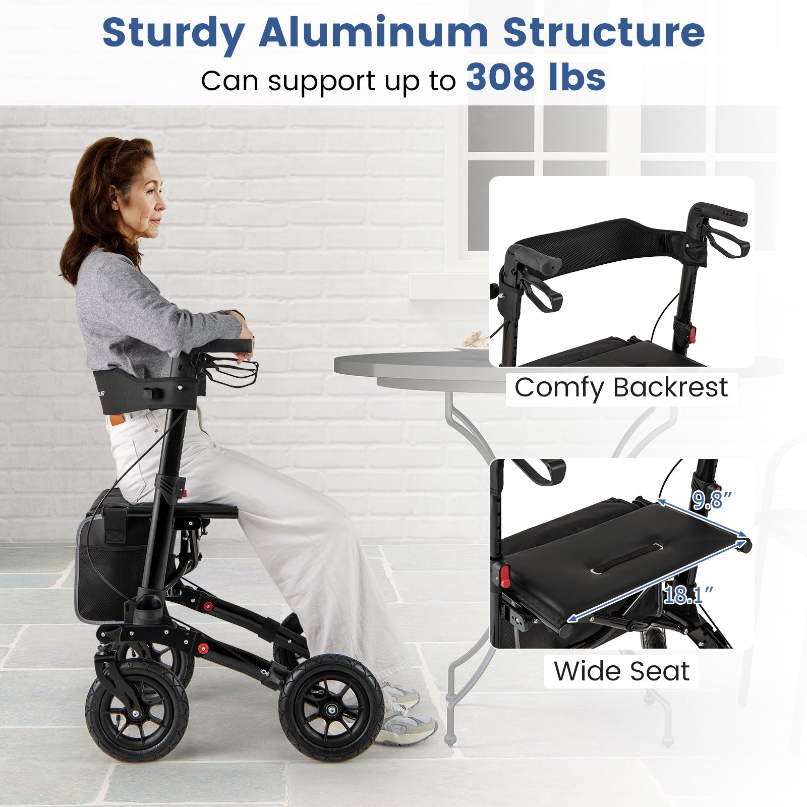 Folding Rollator Walker for Seniors with Seat for All Terrain, Black Walkers & Rollators at Gallery Canada