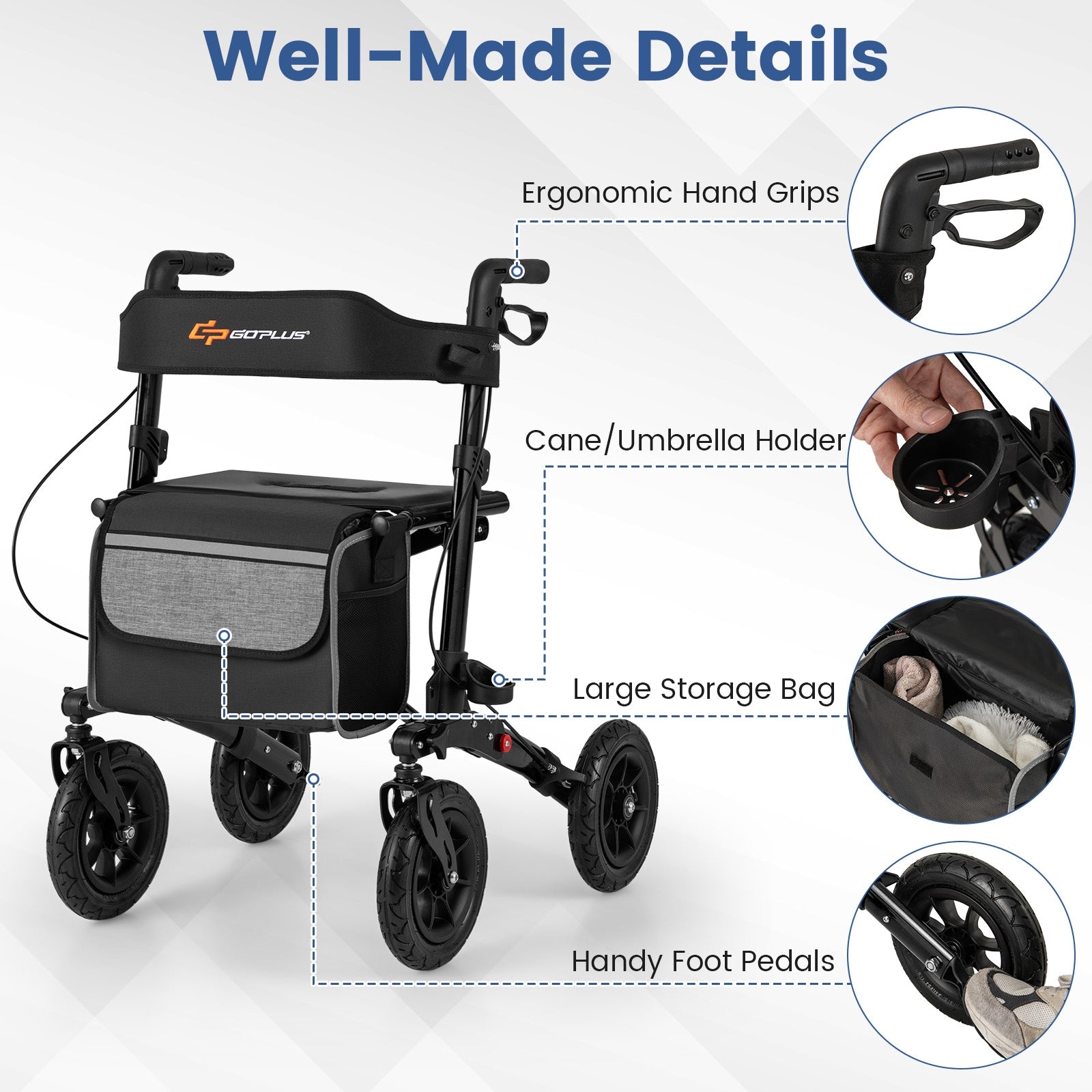 Folding Rollator Walker for Seniors with Seat for All Terrain, Black Walkers & Rollators at Gallery Canada