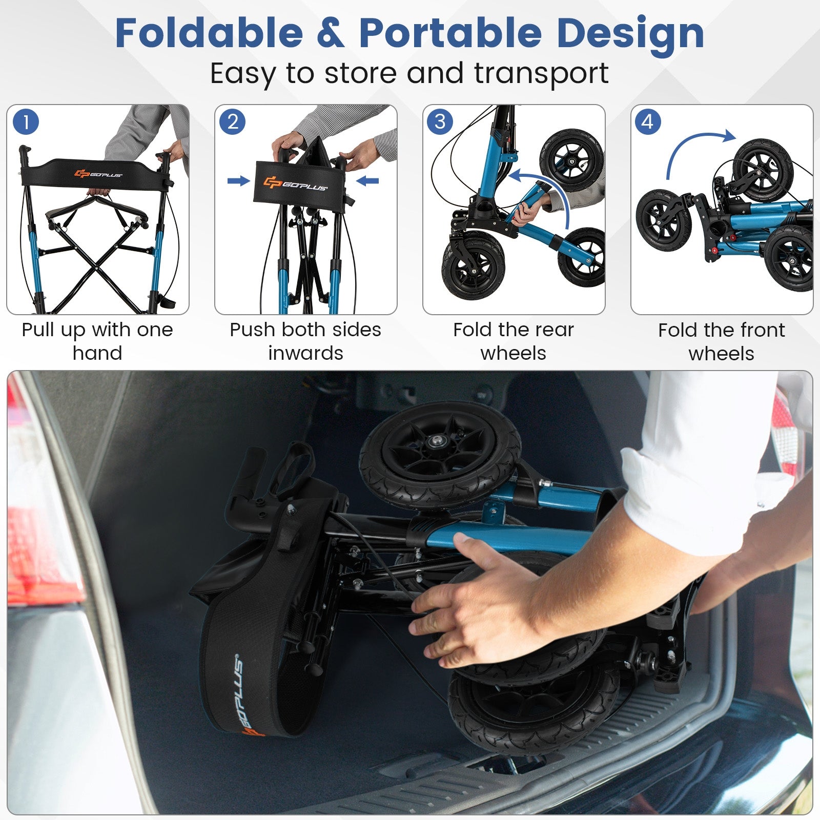 Folding Rollator Walker for Seniors with Seat for All Terrain, Navy Walkers & Rollators at Gallery Canada