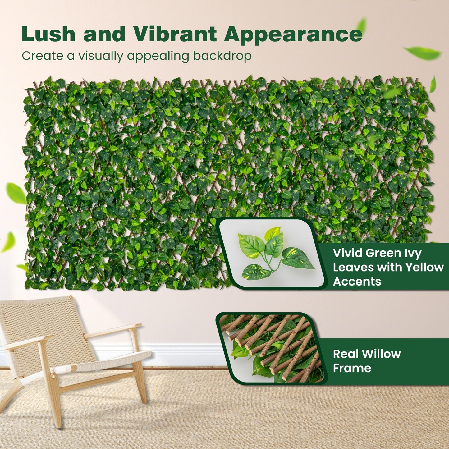 Expandable Fence Privacy Screen Decorative Faux Fencing Panel with Real Willow Frame, Green