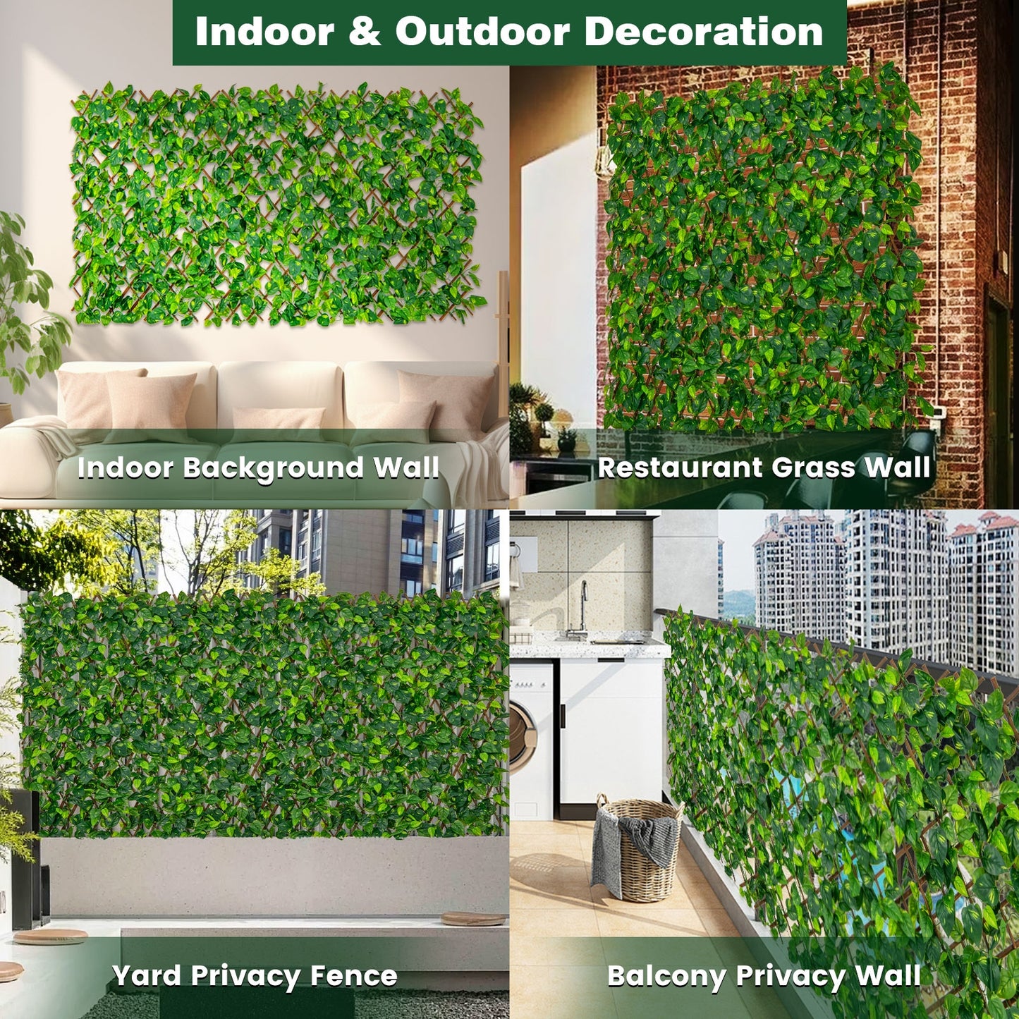 Expandable Fence Privacy Screen Decorative Faux Fencing Panel with Real Willow Frame, Green