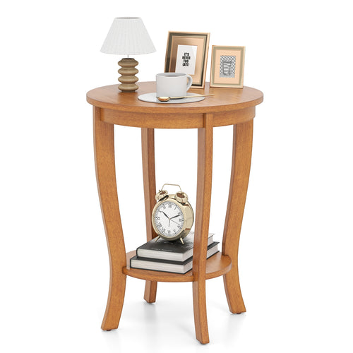 2-tier Round End Table with Solid Wood Legs, Light Brown