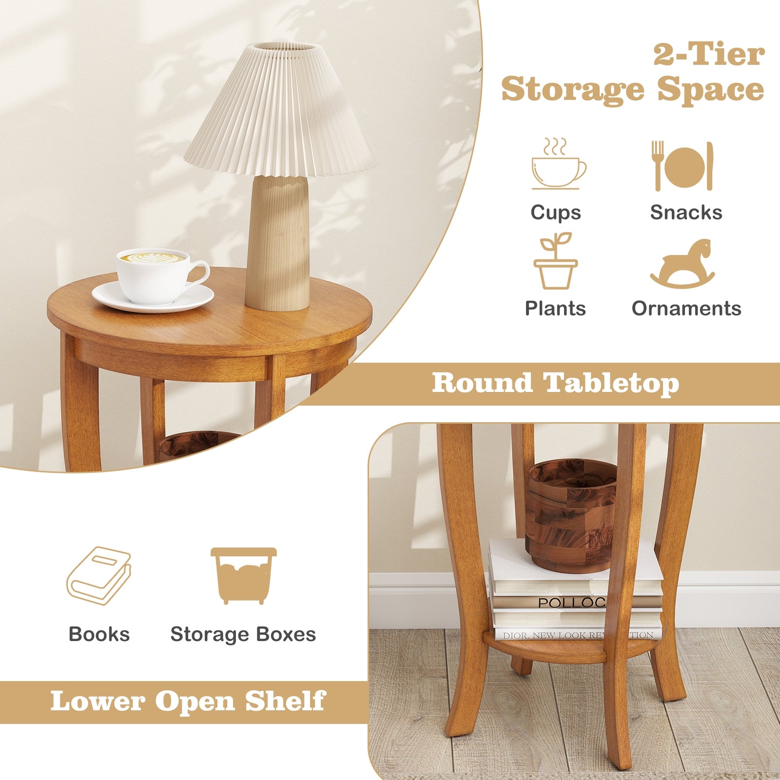 2-tier Round End Table with Solid Wood Legs, Light Brown End & Side Tables at Gallery Canada