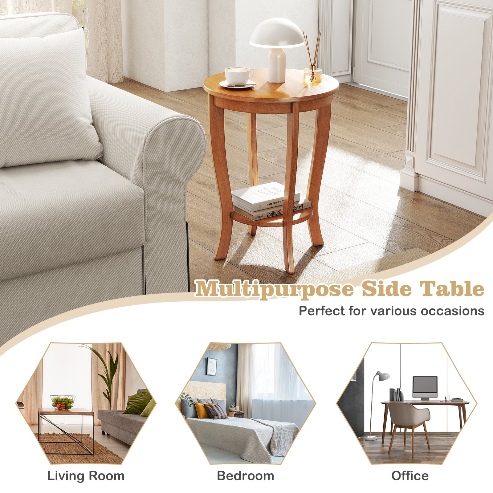 2-tier Round End Table with Solid Wood Legs, Light Brown End & Side Tables at Gallery Canada