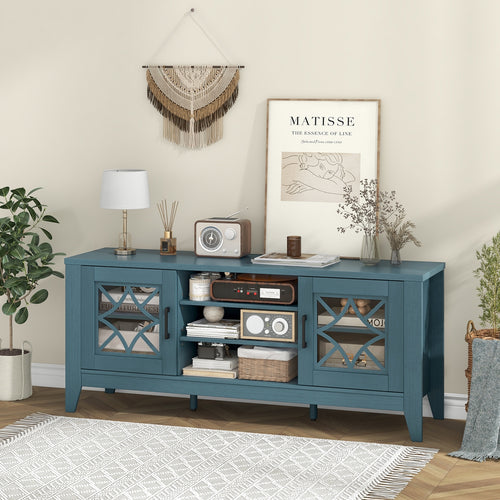 Farmhouse TV Stand for TVs Up to 65 Inches 4 Adjustable Shelves-Teal Blue, Blue