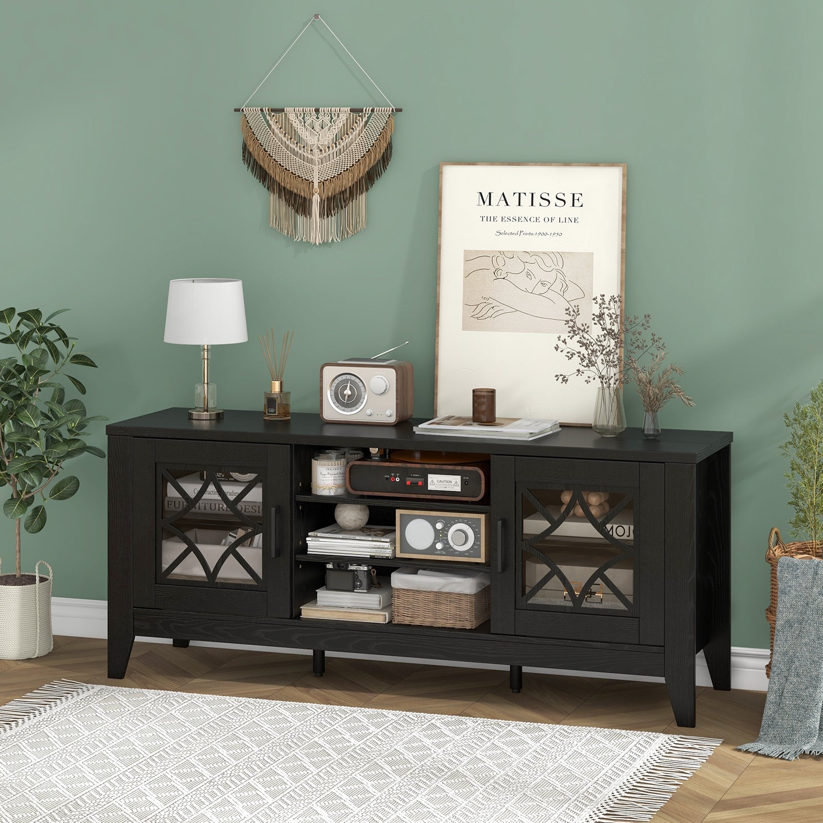 Farmhouse TV Stand for TVs Up to 65 Inches 4 Adjustable Shelves, Black Entertainment Centers & TV Stands at Gallery Canada