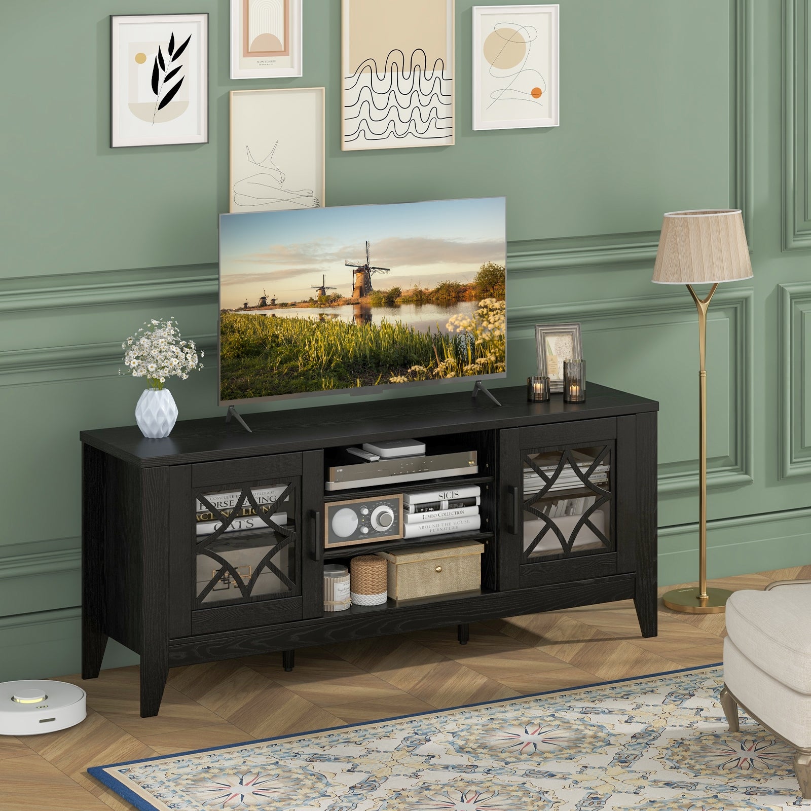 Farmhouse TV Stand for TVs Up to 65 Inches 4 Adjustable Shelves, Black Entertainment Centers & TV Stands at Gallery Canada