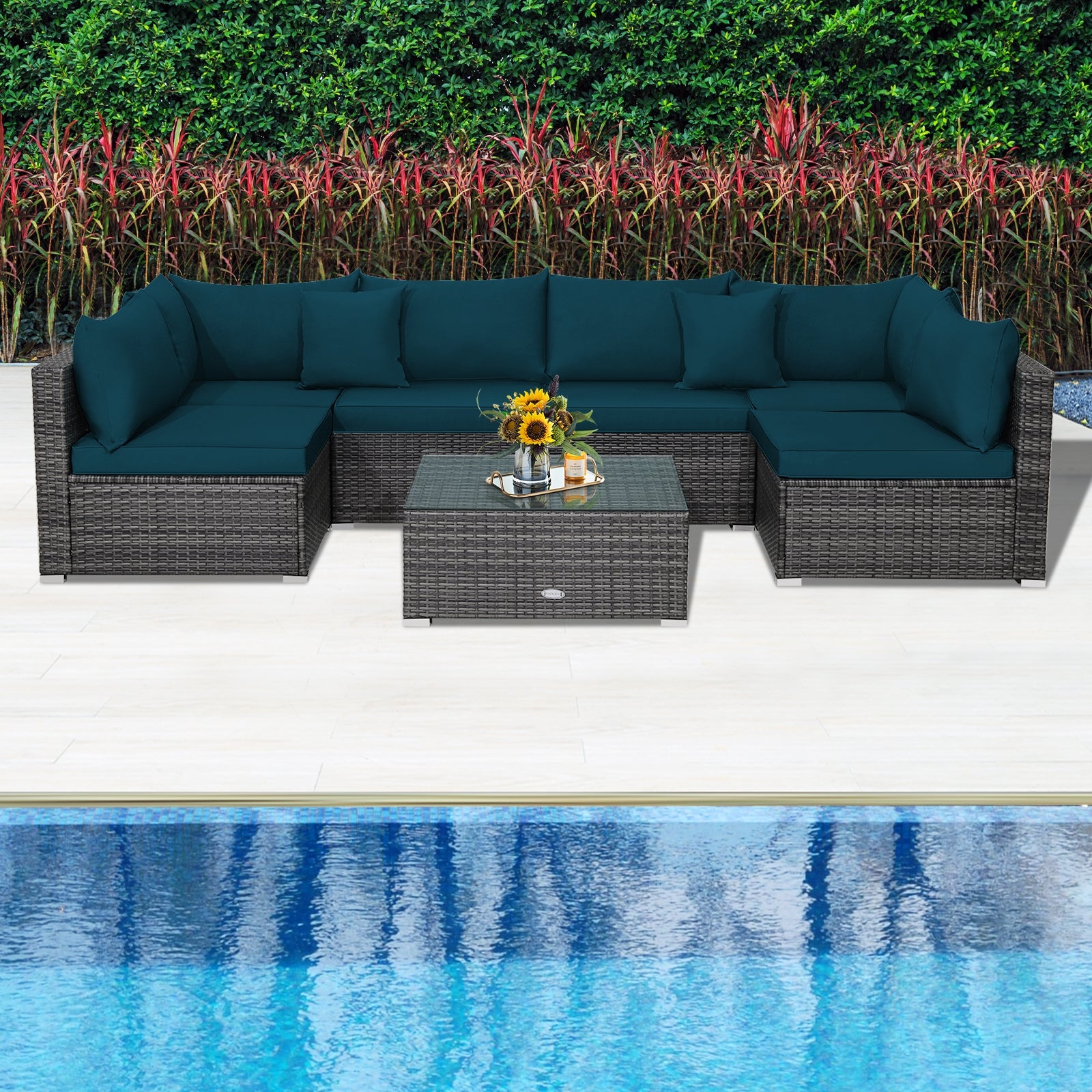 7 Pieces Patio Rattan Furniture Set with Sectional Sofa Cushioned, Green Outdoor Sectionals at Gallery Canada